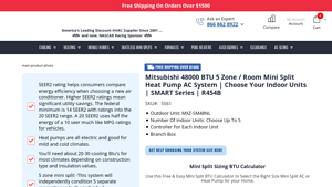 Mitsubishi - 48000 BTU 5 Zone Mini Split Heat Pump AC System