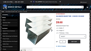 Bobco Metal - Galvanized Square Tube 16 Gauge X 2 Inches