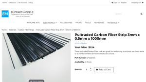 Buzzard Models - Pultruded Carbon Fiber Strip 3mm x 0.5mm x 1000mm