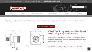 Coaxicom - 3084-9 TNC Straight Female to SMA Female Adapter