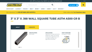 Fast Metals - 3 X 3 X .188 Wall Square Tube ASTM A500 Gr B