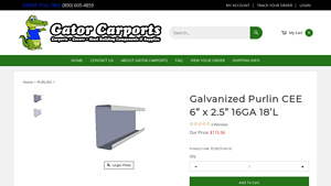 Gator Carports - Galvanized Purlin CEE 6 x 2.5 16GA 18'L