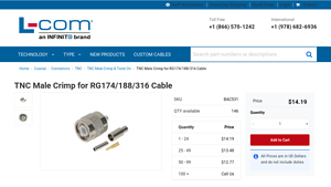 L-com - TNC Male Crimp for RG174/188/316 Cable