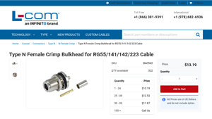 L-com - Type N Female Crimp Bulkhead Connector