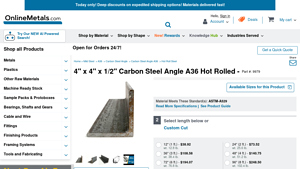 Online Metals - 4 x 4 x 0.5 Mild Steel Angle A36 Hot Rolled