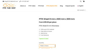 PTFE Tube Shop - PTFE Sheet 8mm