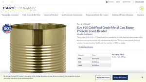 The Cary Company - Size #10 Gold Food Grade Metal Can